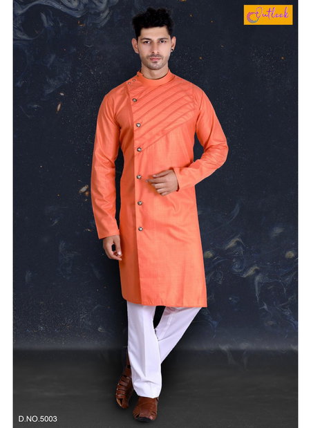 Orange Outluk Vol 5 Long Art Silk Kurta With Indian Polo Pajama Traditional Indian Wear Collection 5003